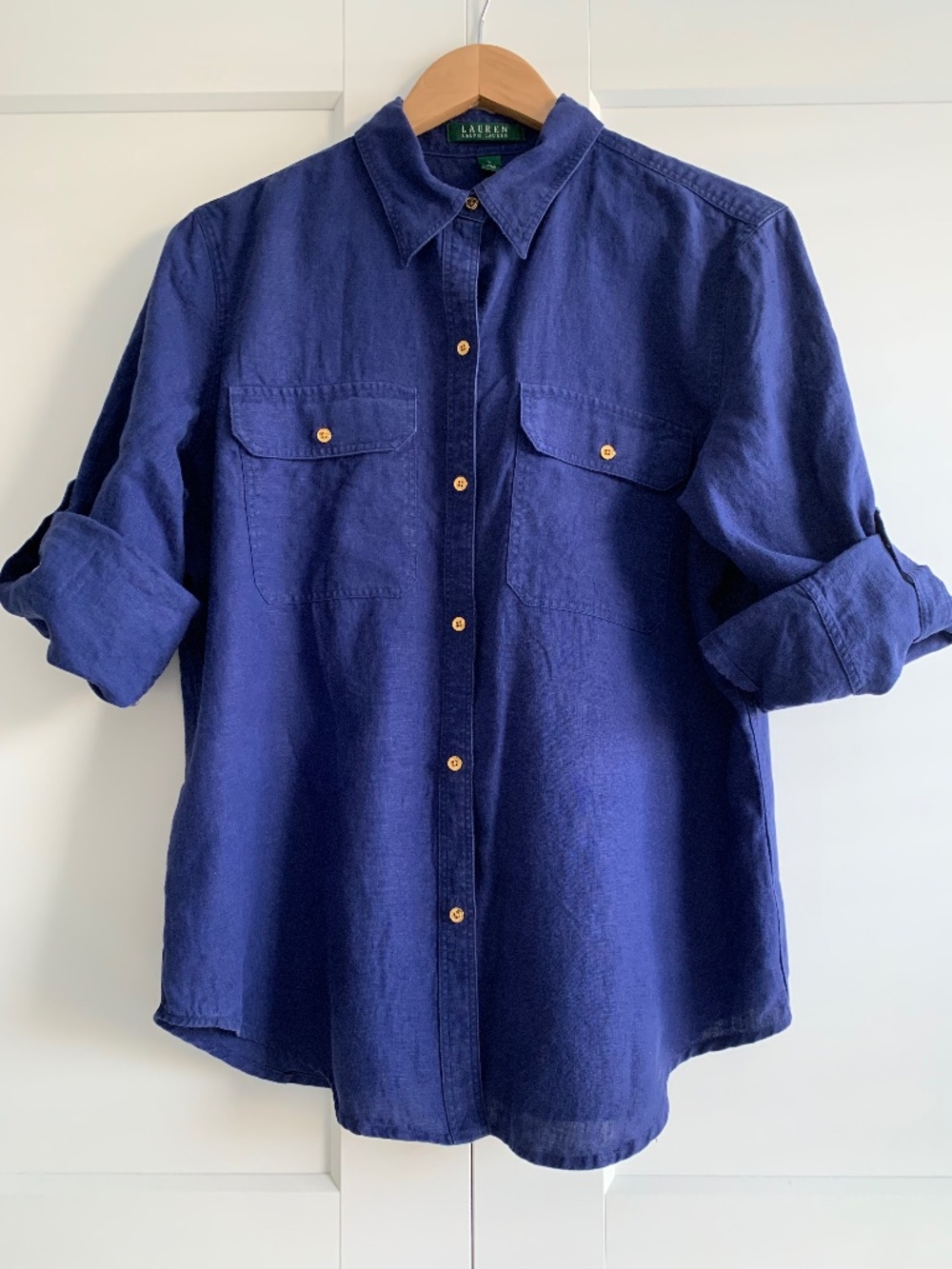 Lauren Ralph Lauren 100% Linen Shirt Deep Blue Casual Button-Down Women's Summer